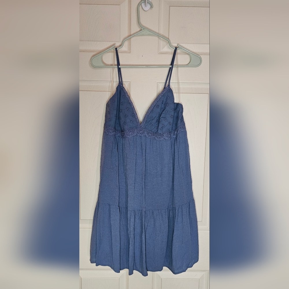 No Boundaries Blue Eyelet Mini Sundress Crochet Trim - Size Medium